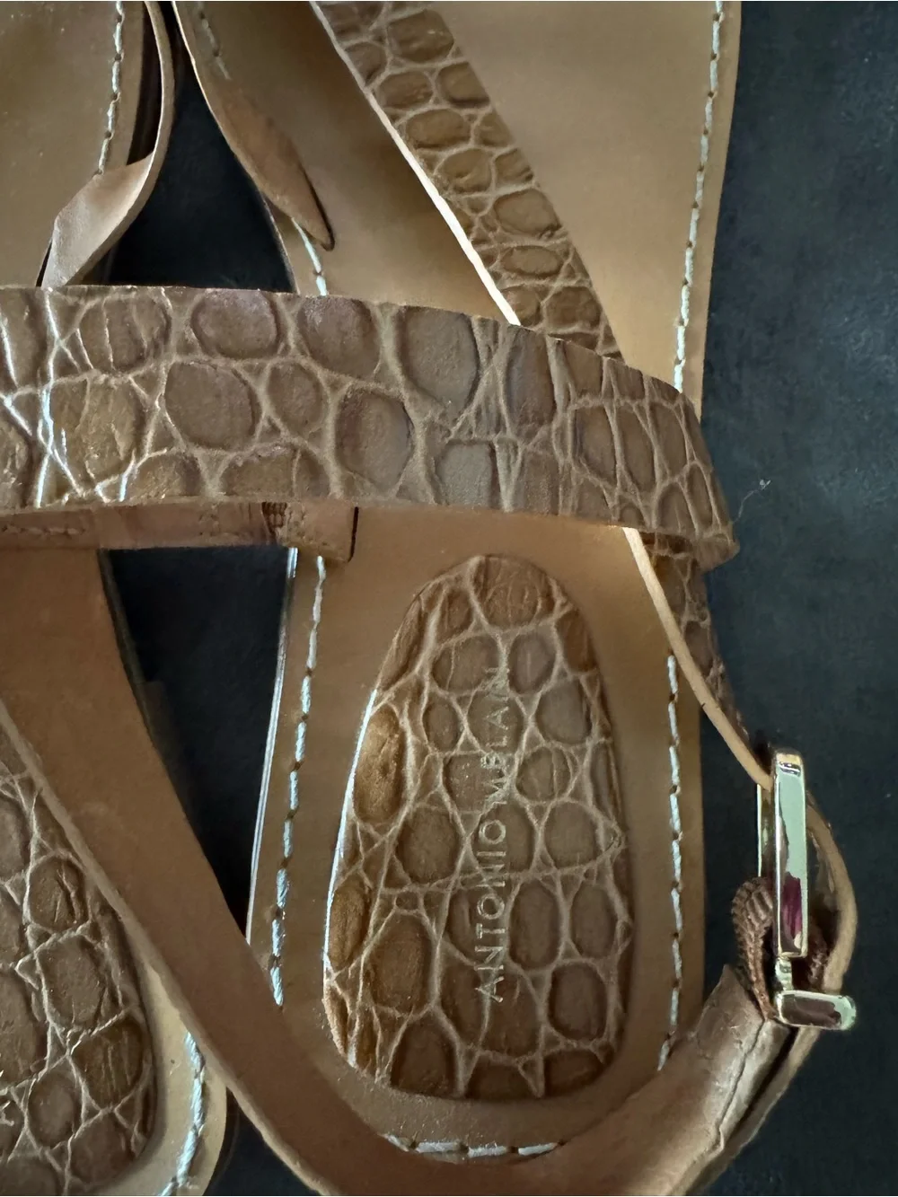 ANTONIO MELANI Brown Croc-Embossed Leather T-Strap Sandals